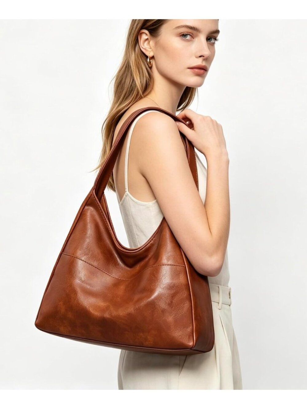 Stylish Leather Hobo Bag for Women | Soft Slouchy Tote, Fits 11" Tablet, Key - Picture 2 of 7